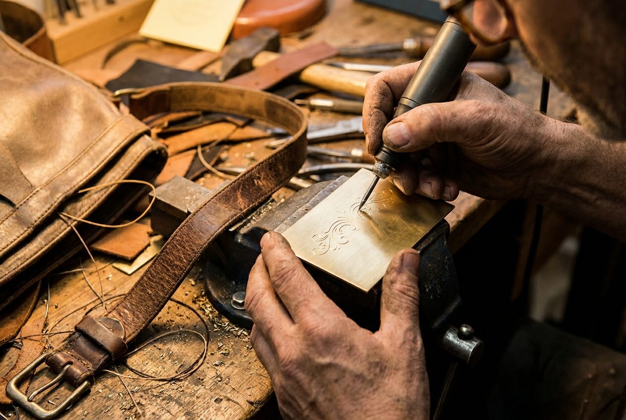 Graveren van een messing plaatje naast een riem in reparatie